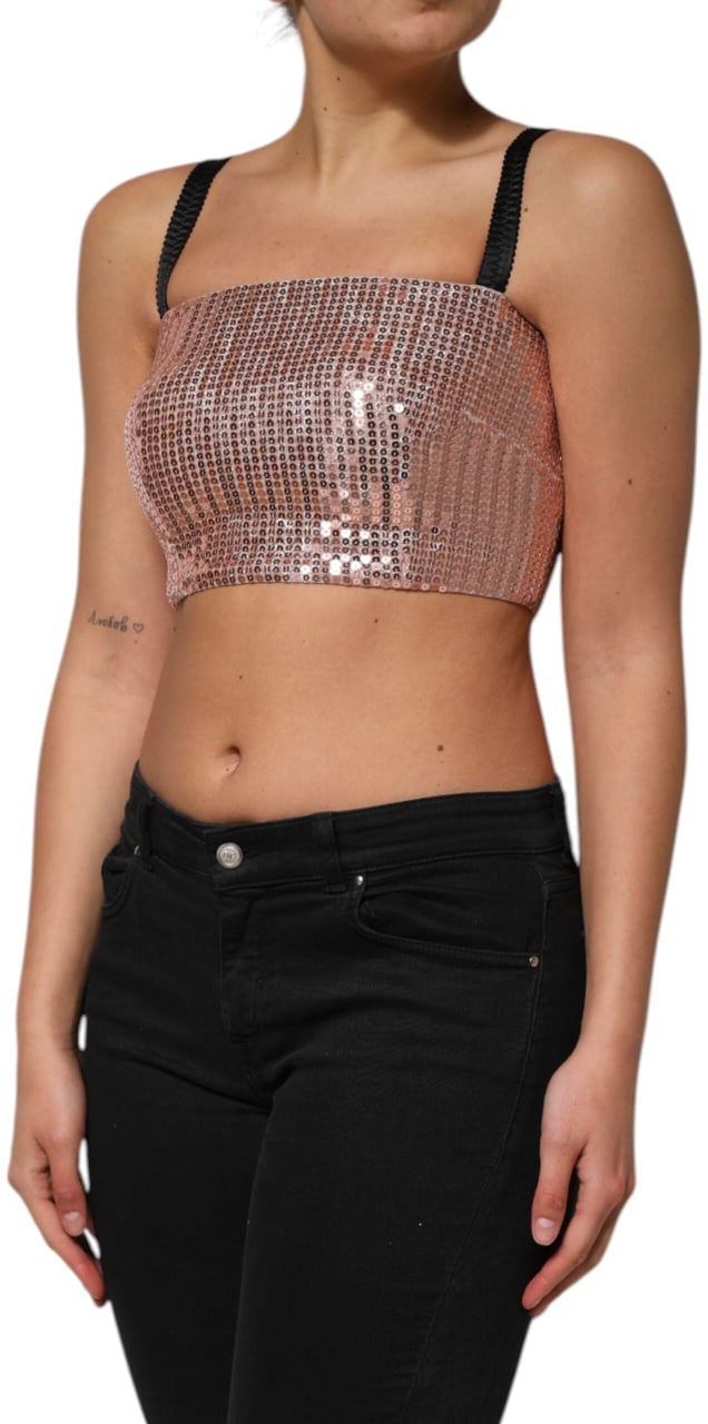 Dolce & Gabbana Pink Sequined Nylon Sleeveless Cropped Top Roze