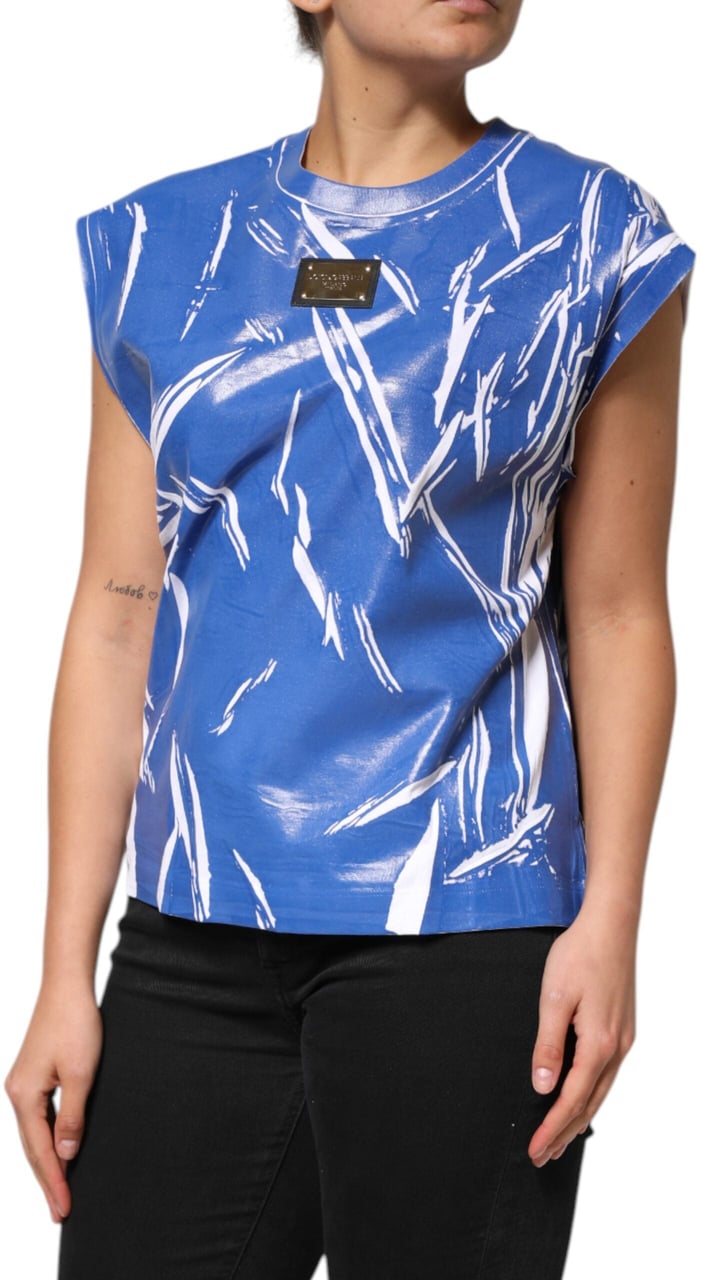 Dolce & Gabbana Blue White Cotton Logo Plaque Women Tank Top Blauw
