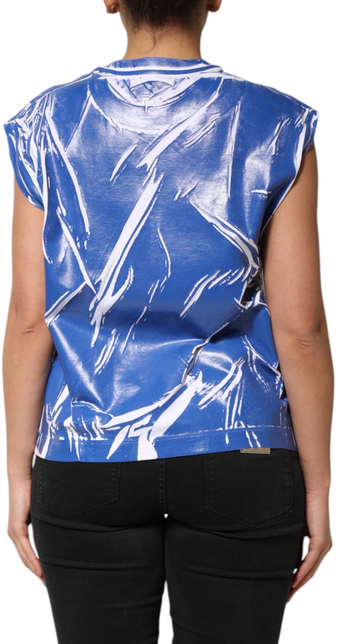 Dolce & Gabbana Blue White Cotton Logo Plaque Women Tank Top Blauw