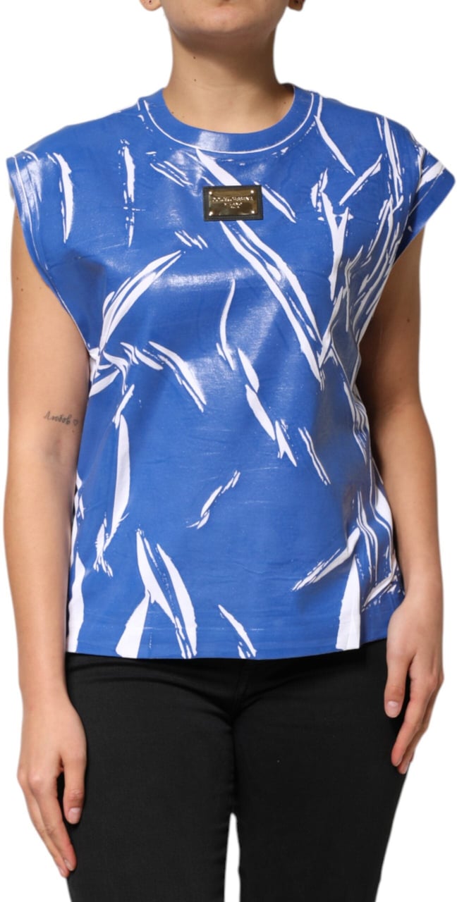 Dolce & Gabbana Blue White Cotton Logo Plaque Women Tank Top Blauw
