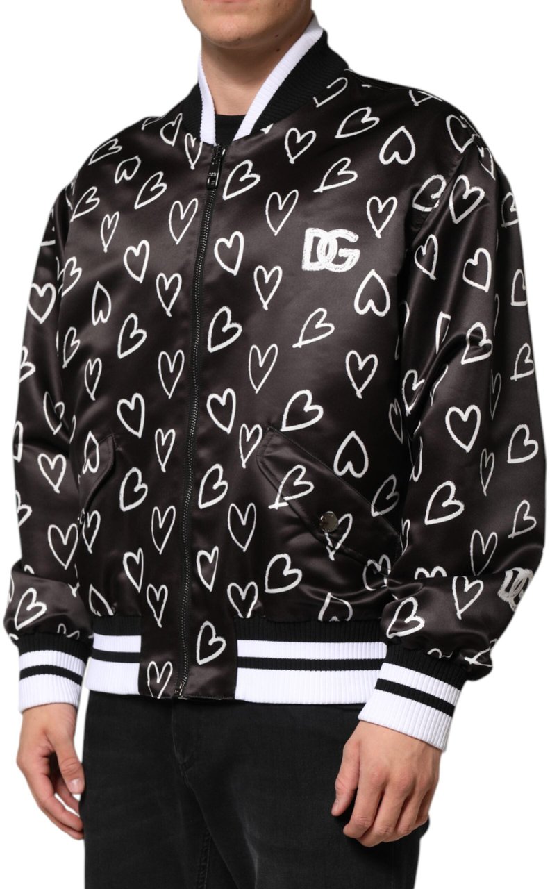 Dolce & Gabbana Black Polyester Heart Print Bomber Jacket Zwart