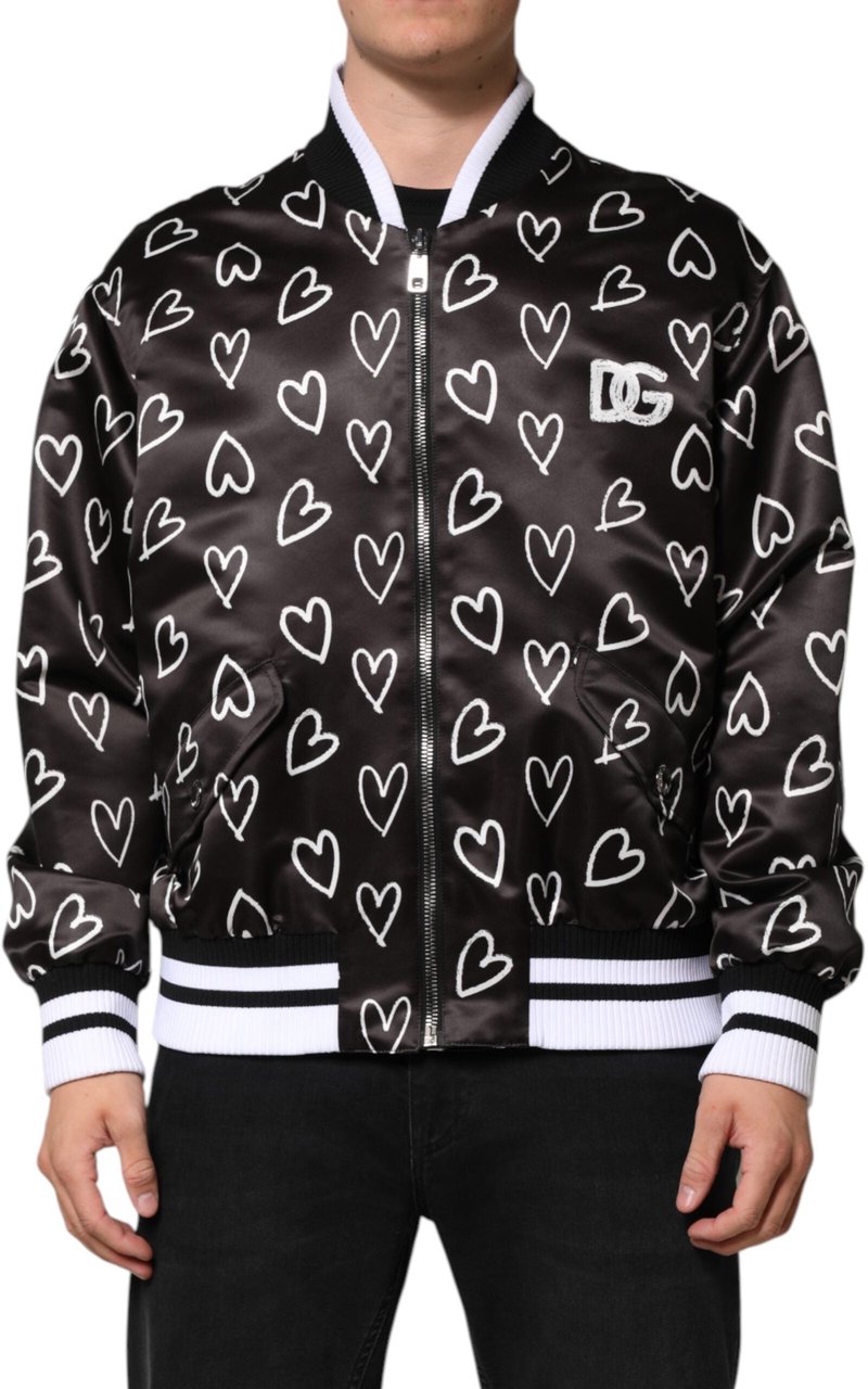 Dolce & Gabbana Black Polyester Heart Print Bomber Jacket Zwart