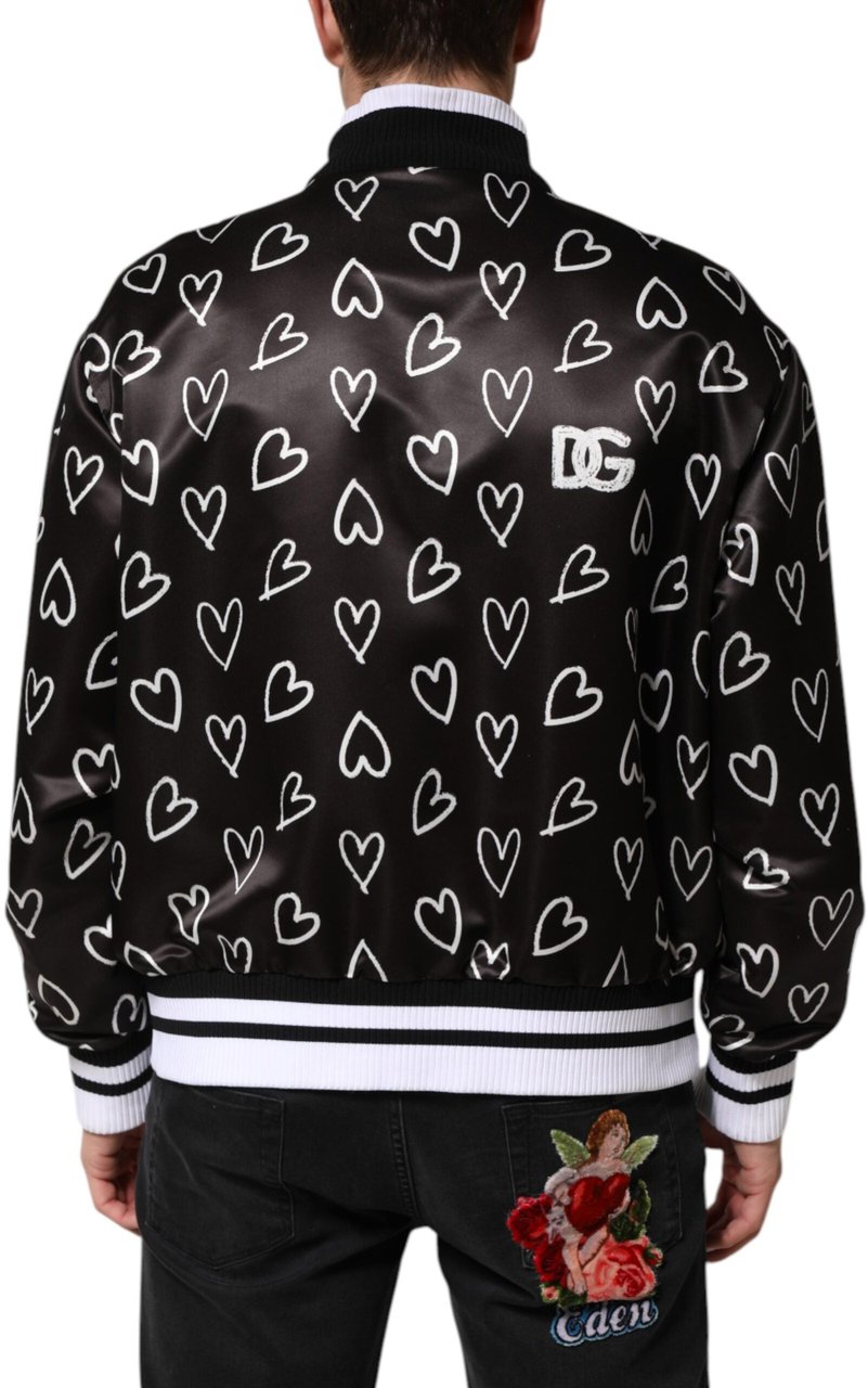 Dolce & Gabbana Black Polyester Heart Print Bomber Jacket Zwart