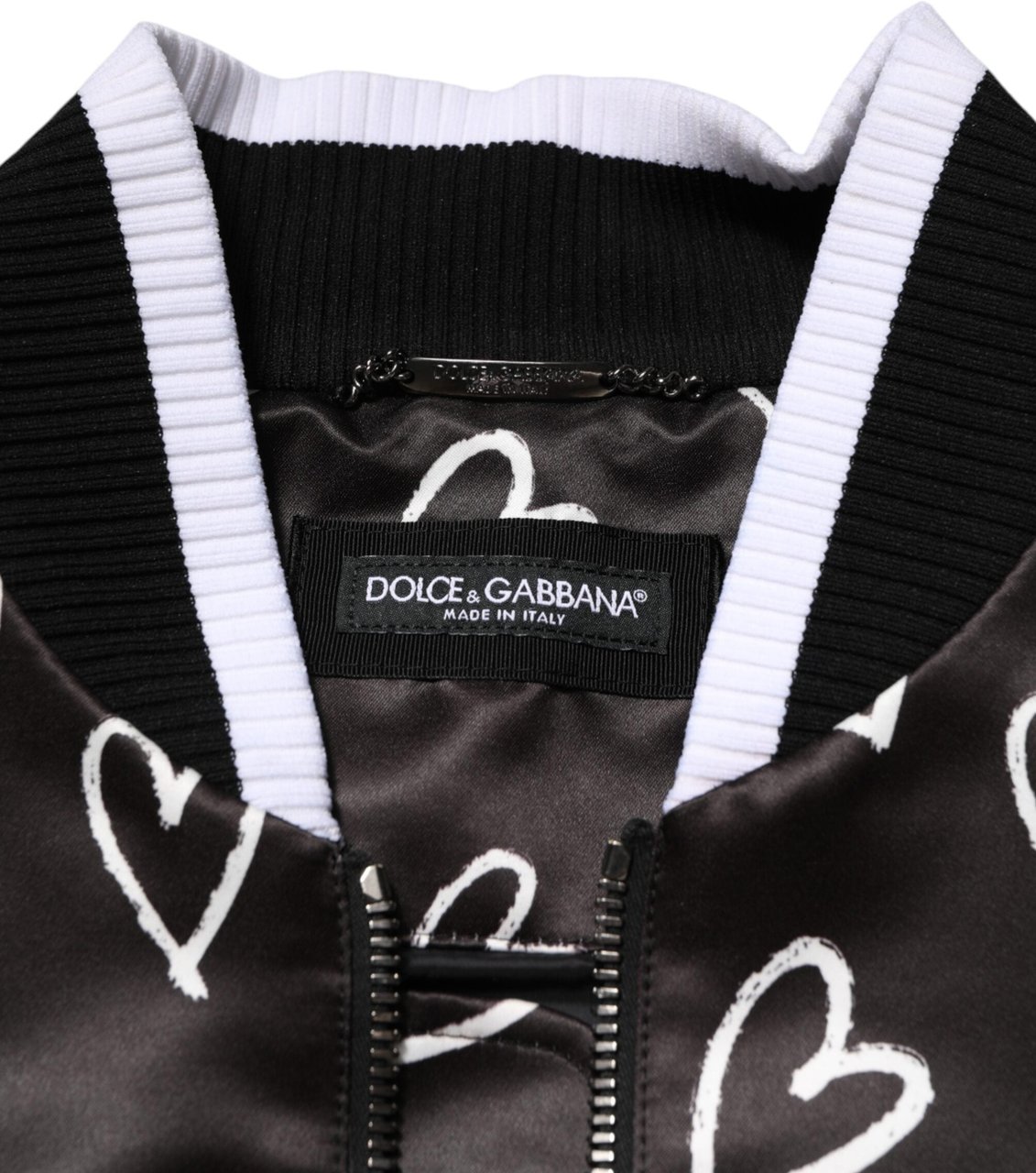 Dolce & Gabbana Black Polyester Heart Print Bomber Jacket Zwart