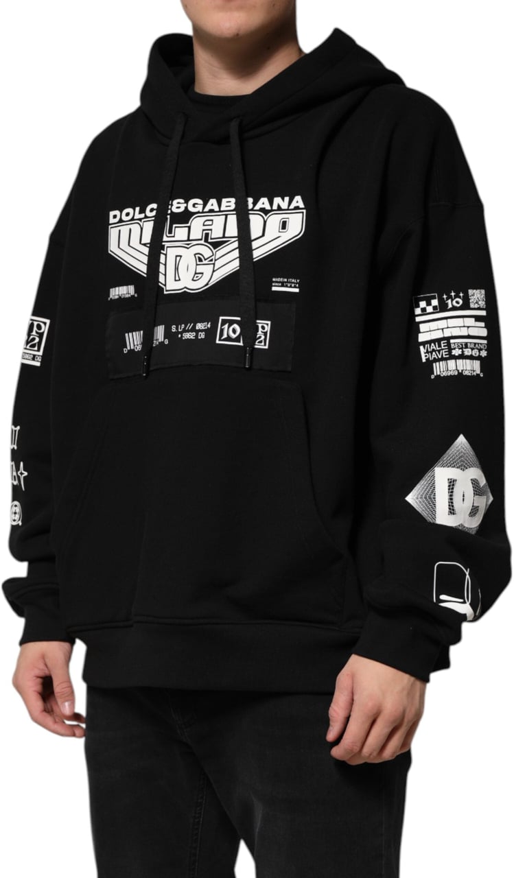 Dolce & Gabbana Black Cotton DG Milano Logo Print Hoodie Sweater Zwart