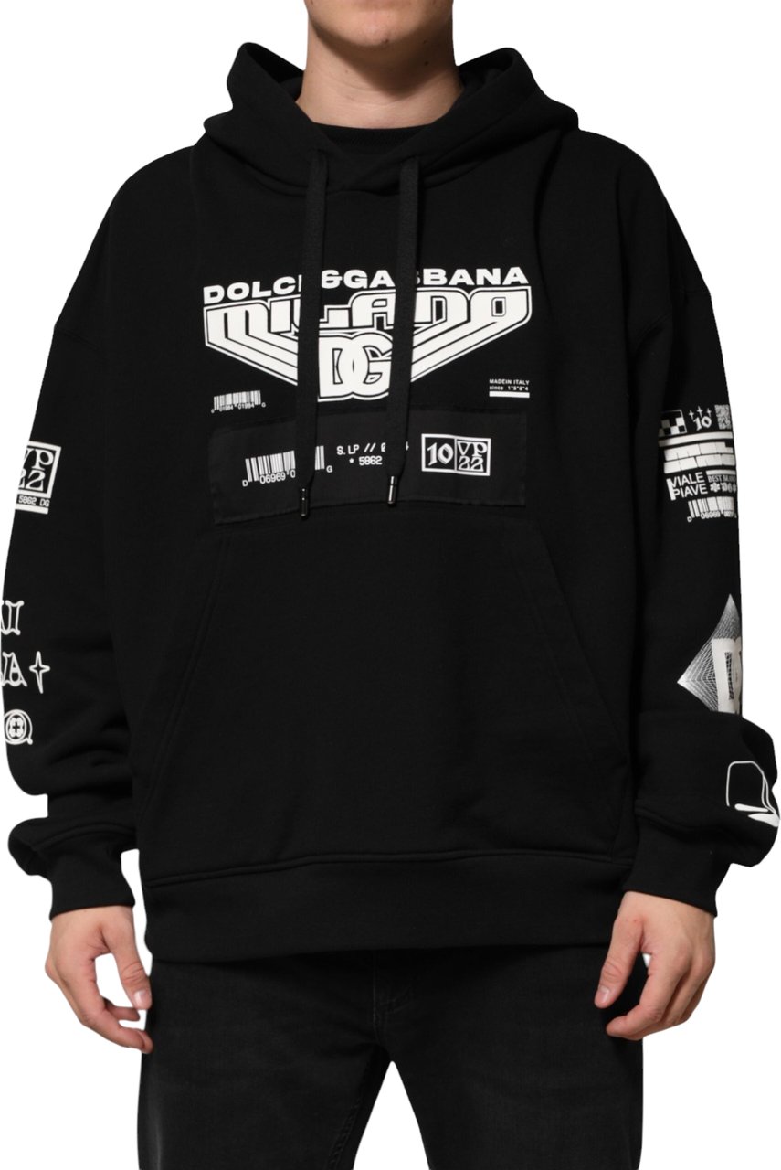 Dolce & Gabbana Black Cotton DG Milano Logo Print Hoodie Sweater Zwart