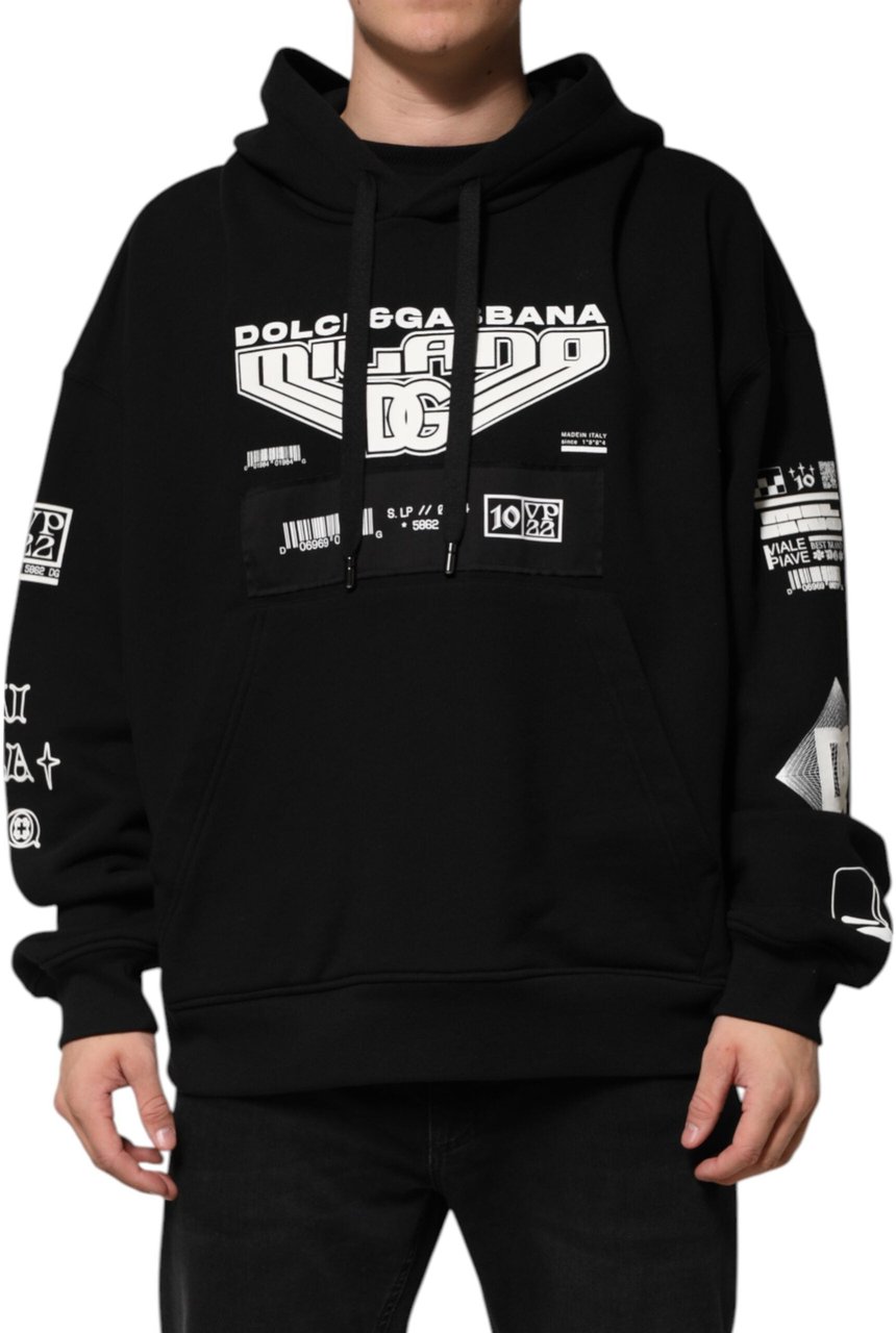 Dolce & Gabbana Black Cotton DG Milano Logo Print Hoodie Sweater Zwart