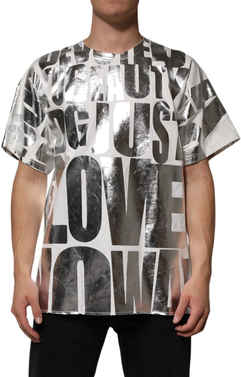 Dolce & Gabbana White Cotton Silver Metallic Slogan Print T-shirt Divers
