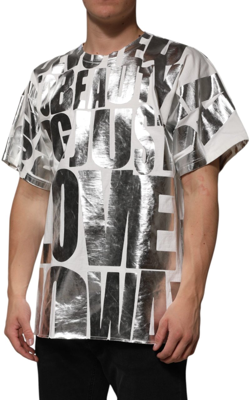 Dolce & Gabbana White Cotton Silver Metallic Slogan Print T-shirt Divers