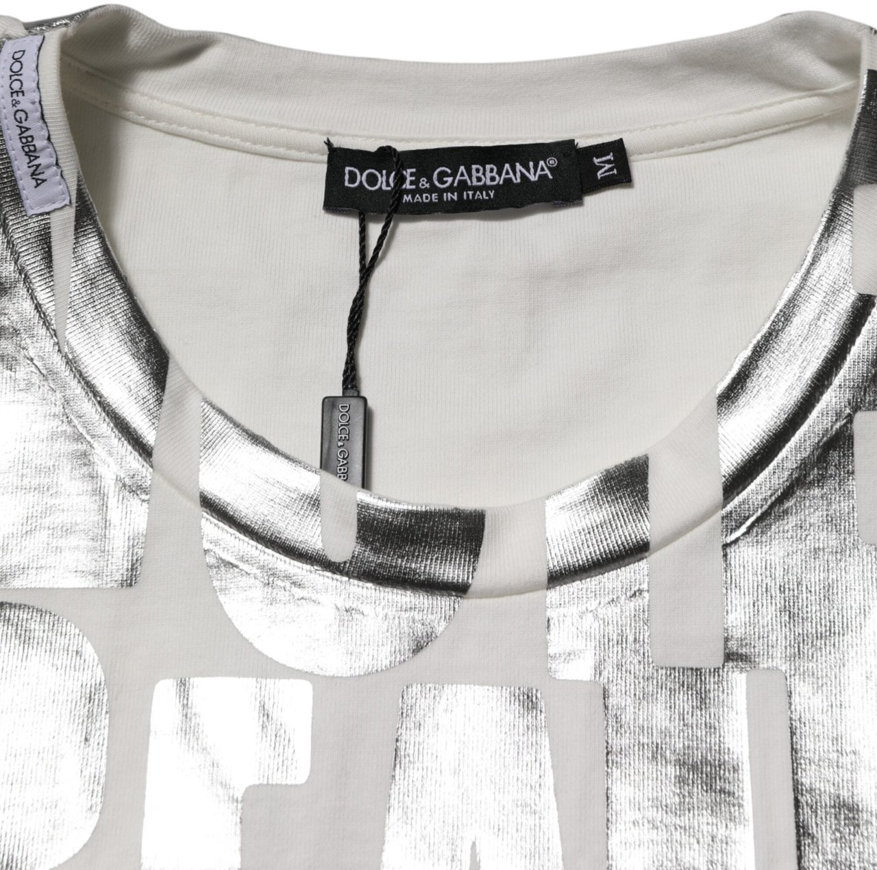 Dolce & Gabbana White Cotton Silver Metallic Slogan Print T-shirt Divers