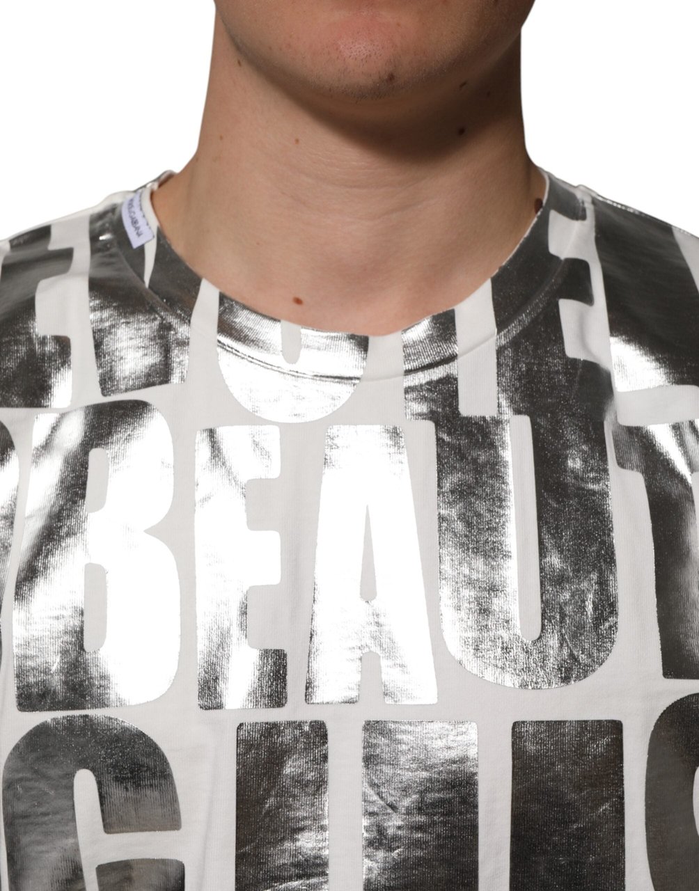 Dolce & Gabbana White Cotton Silver Metallic Slogan Print T-shirt Divers