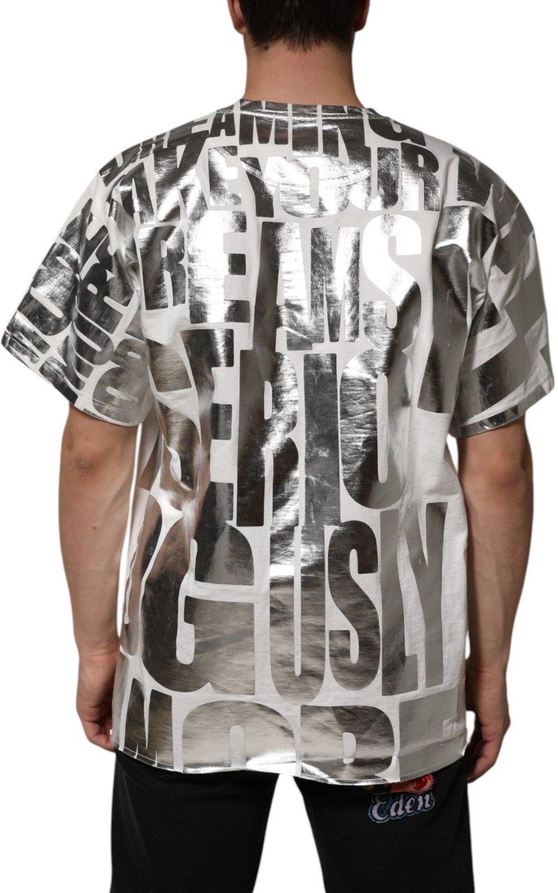 Dolce & Gabbana White Cotton Silver Metallic Slogan Print T-shirt Divers