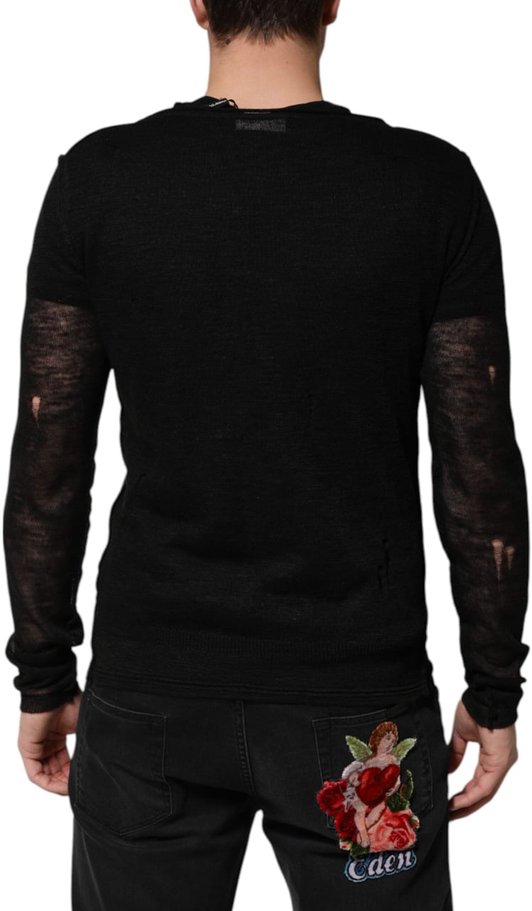 Dolce & Gabbana Black Linen Mesh Tattered Longsleeves T-shirt Zwart