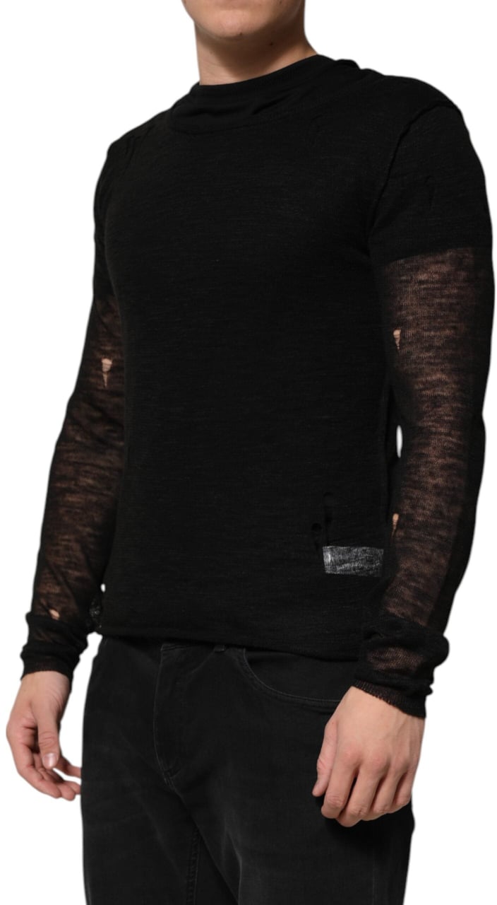 Dolce & Gabbana Black Linen Mesh Tattered Longsleeves T-shirt Zwart