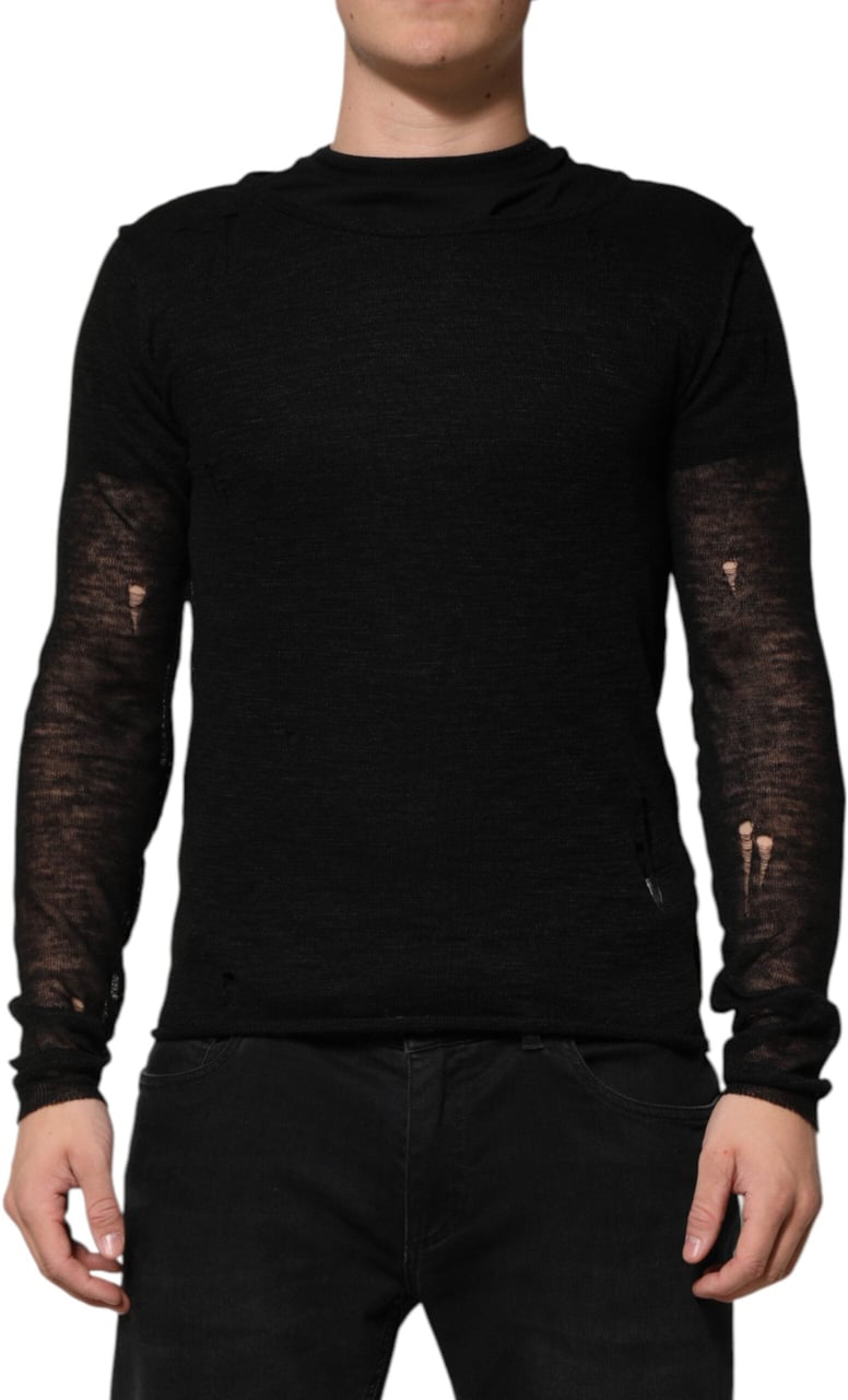 Dolce & Gabbana Black Linen Mesh Tattered Longsleeves T-shirt Zwart