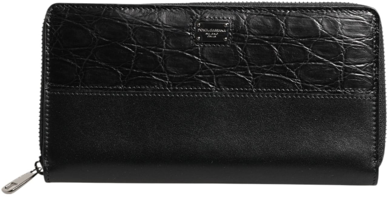 Dolce & Gabbana Black Leather Logo Plaque Zip Around Continental Wallet Zwart