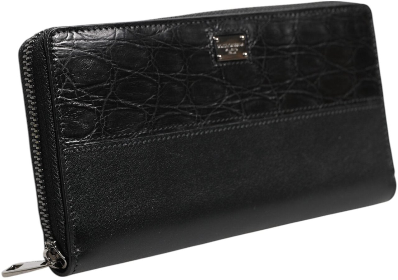 Dolce & Gabbana Black Leather Logo Plaque Zip Around Continental Wallet Zwart
