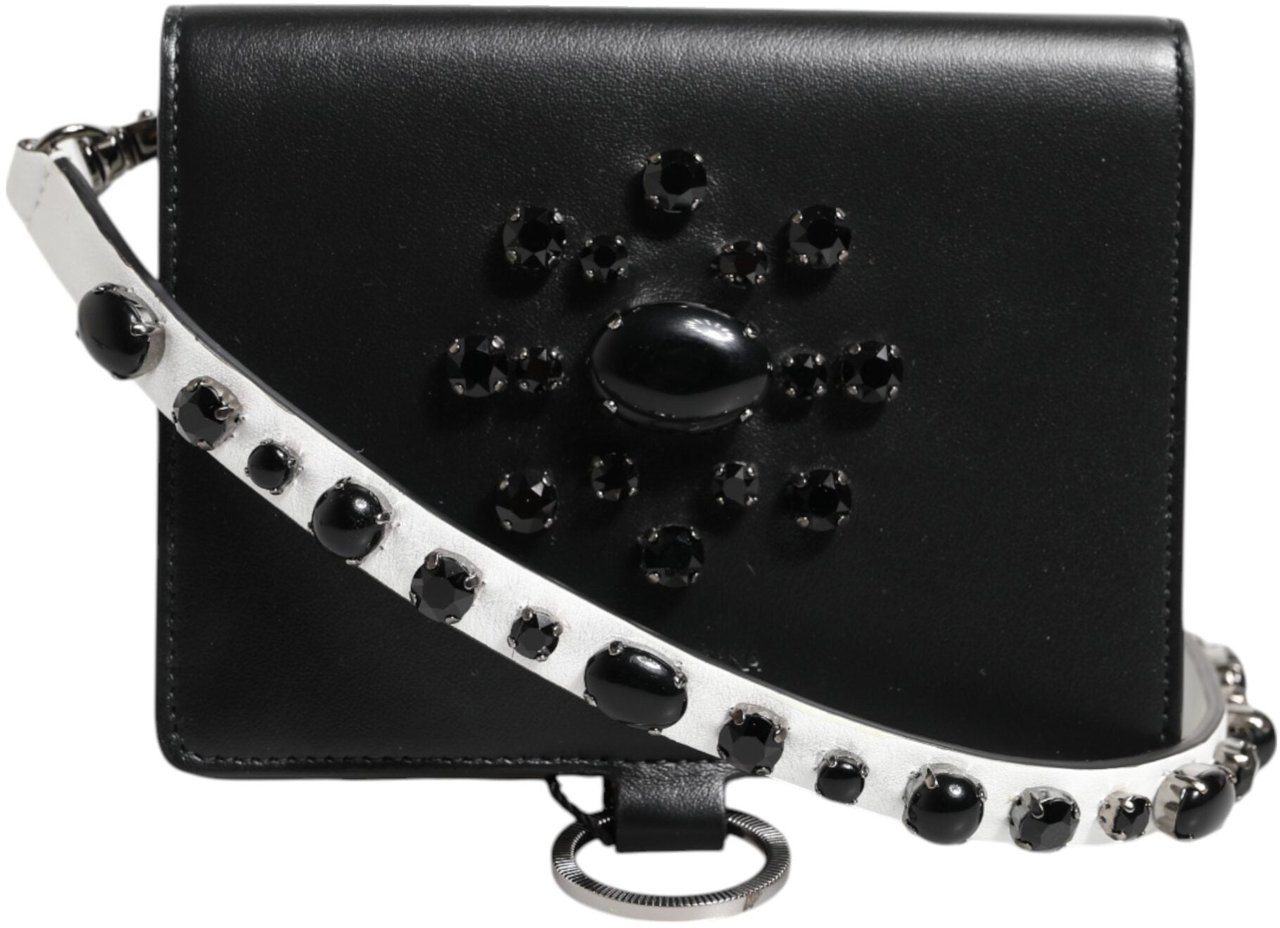 Dolce & Gabbana Black Leather Crystal Embellished Card Holder Wallet Zwart