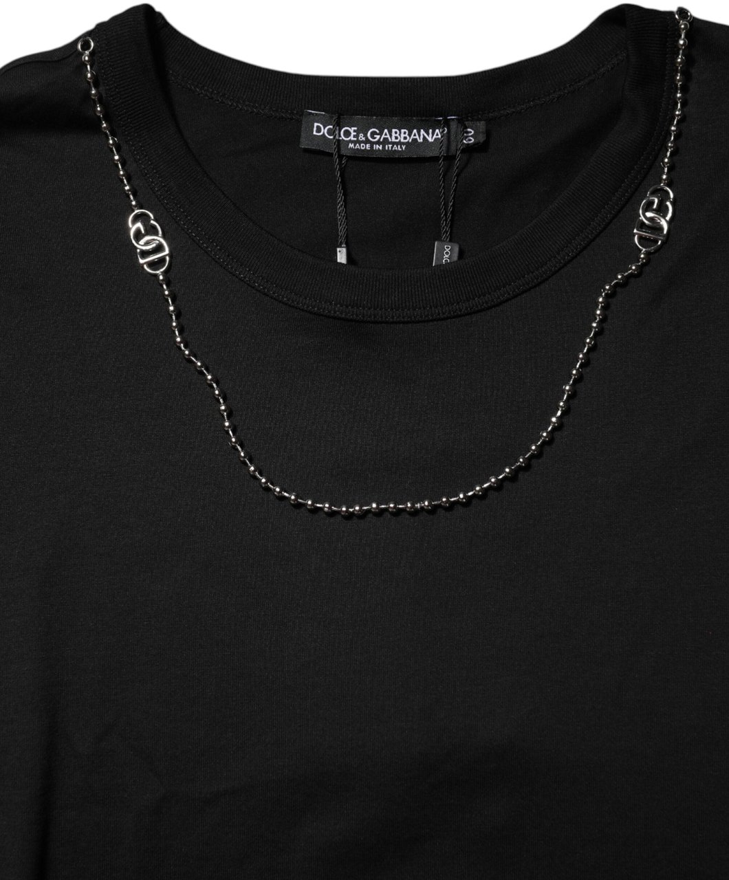 Dolce & Gabbana Black Chain Necklace Cotton Crewneck T-shirt Zwart