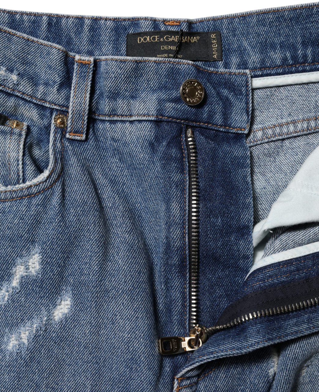 Dolce & Gabbana Blue AMBER Tattered High Waist Denim Jeans Blauw