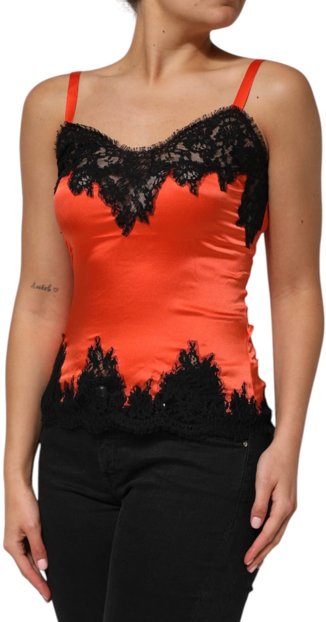 Dolce & Gabbana Red Black Lace Trim Silk Sleeveless Tank Top Zwart