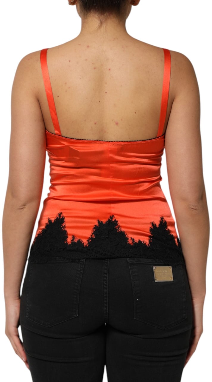 Dolce & Gabbana Red Black Lace Trim Silk Sleeveless Tank Top Zwart
