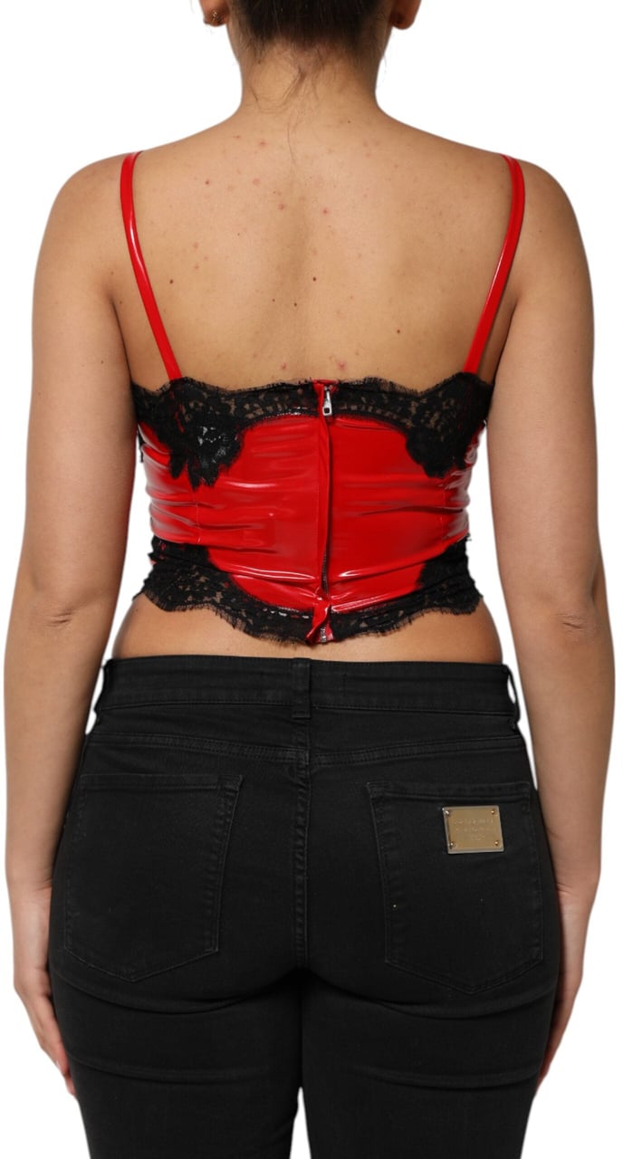 Dolce & Gabbana Red Black Lace Trim Polyester Sleeveless Tank Top Zwart