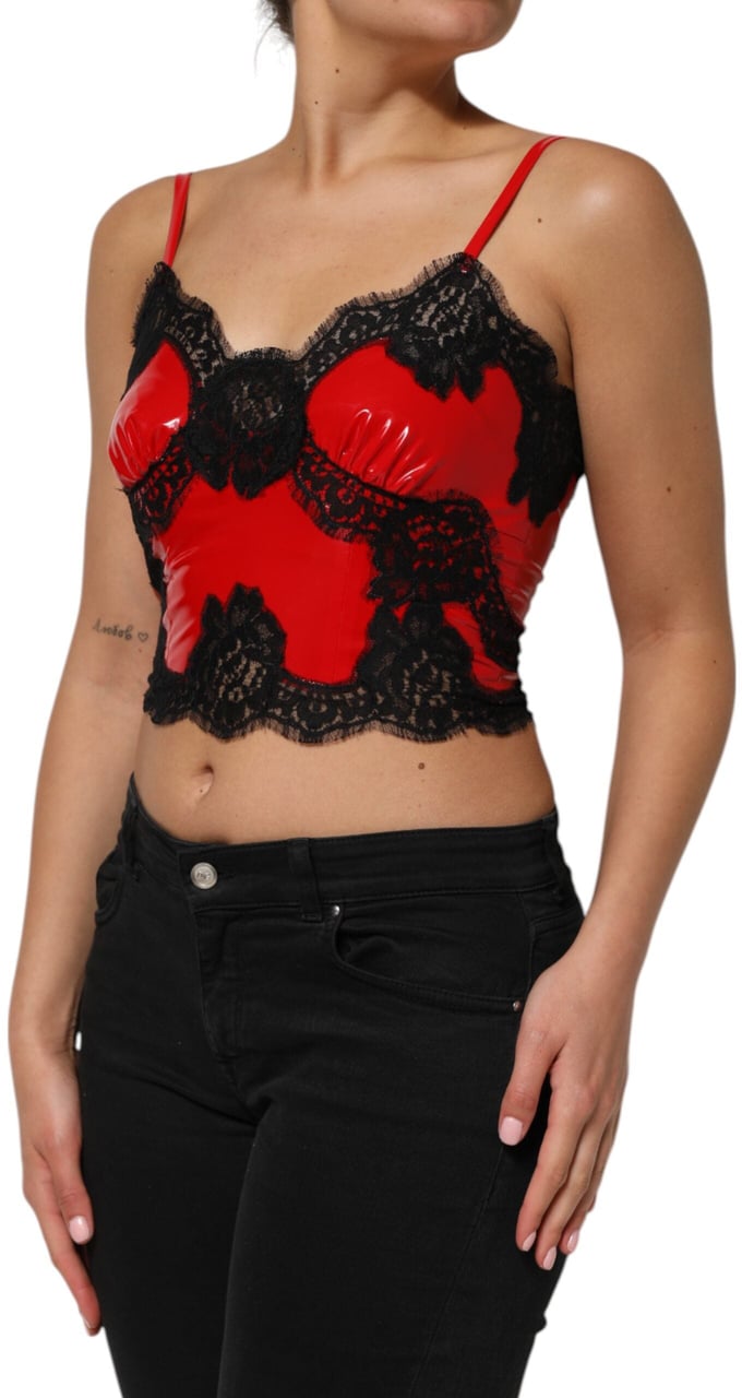 Dolce & Gabbana Red Black Lace Trim Polyester Sleeveless Tank Top Zwart