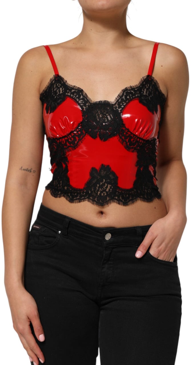 Dolce & Gabbana Red Black Lace Trim Polyester Sleeveless Tank Top Zwart