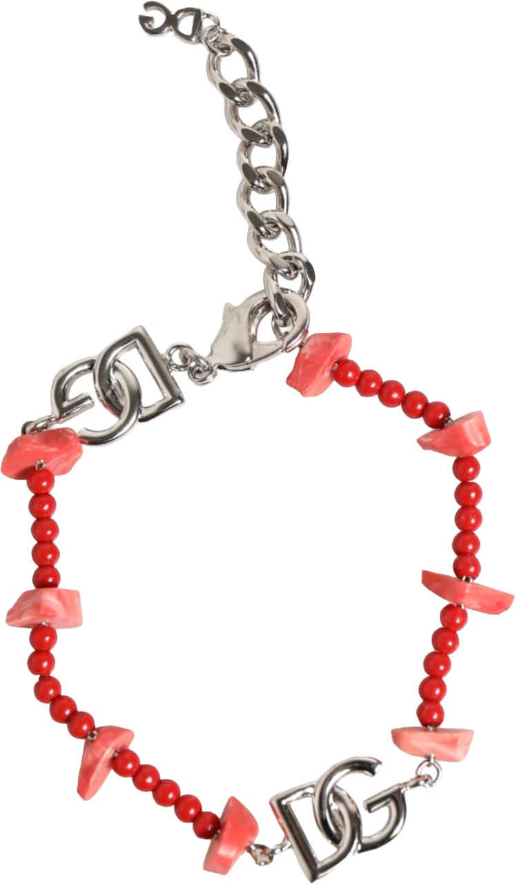 Dolce & Gabbana Silver Tone Brass Beaded Resin DG Logo Chain Men Bracelet Zilver
