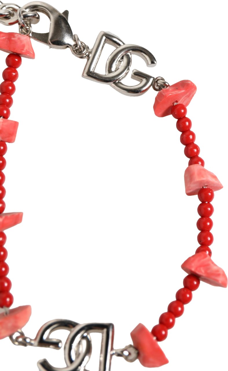 Dolce & Gabbana Silver Tone Brass Beaded Resin DG Logo Chain Men Bracelet Zilver