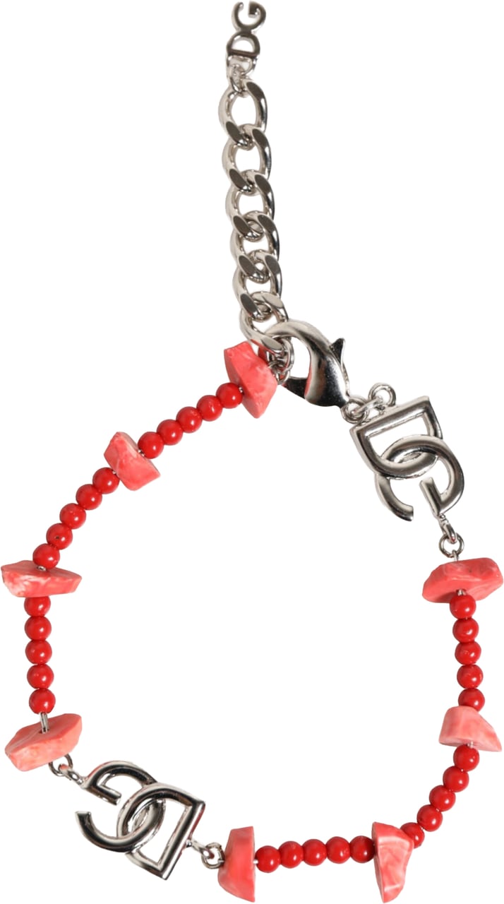 Dolce & Gabbana Silver Tone Brass Beaded Resin DG Logo Chain Men Bracelet Zilver