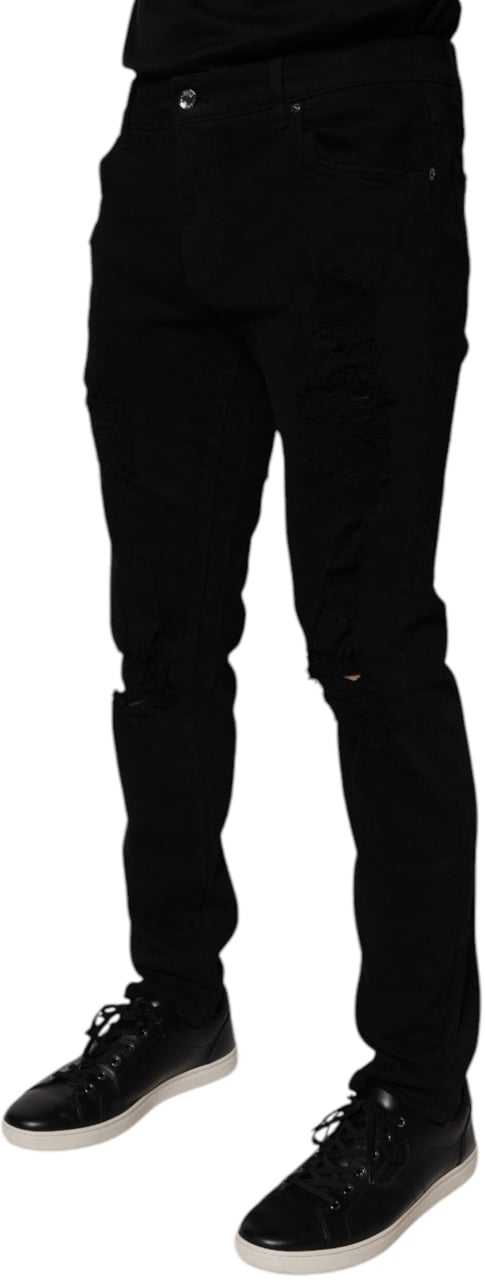Dolce & Gabbana Black Tattered Cotton Skinny Men Denim Jeans Zwart