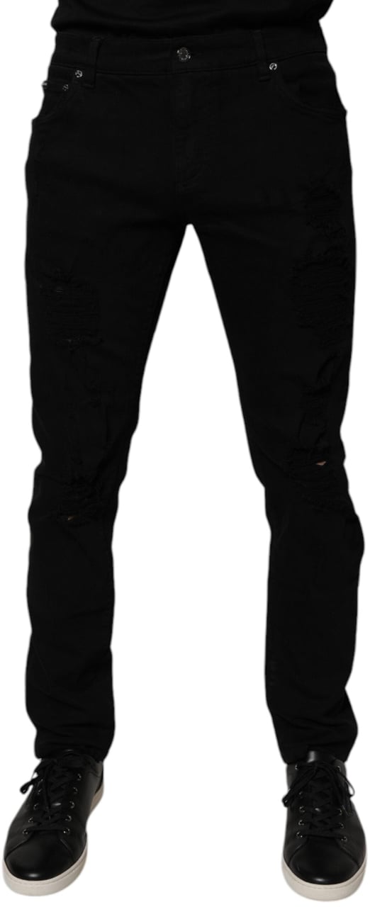 Dolce & Gabbana Black Tattered Cotton Skinny Men Denim Jeans Zwart