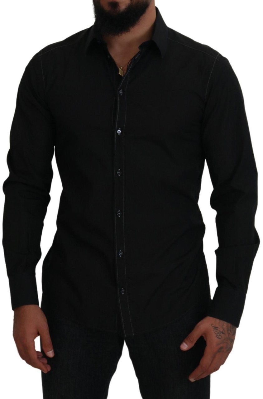 Dolce & Gabbana Black Cotton Collared Long Sleeve GOLD Shirt Zwart