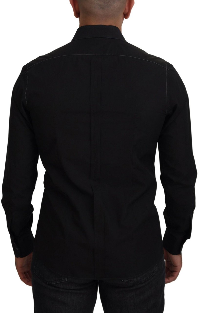 Dolce & Gabbana Black Cotton Collared Long Sleeve GOLD Shirt Zwart