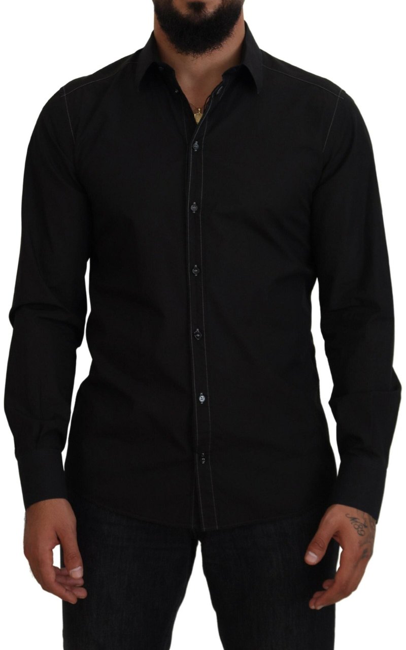 Dolce & Gabbana Black Cotton Collared Long Sleeve GOLD Shirt Zwart