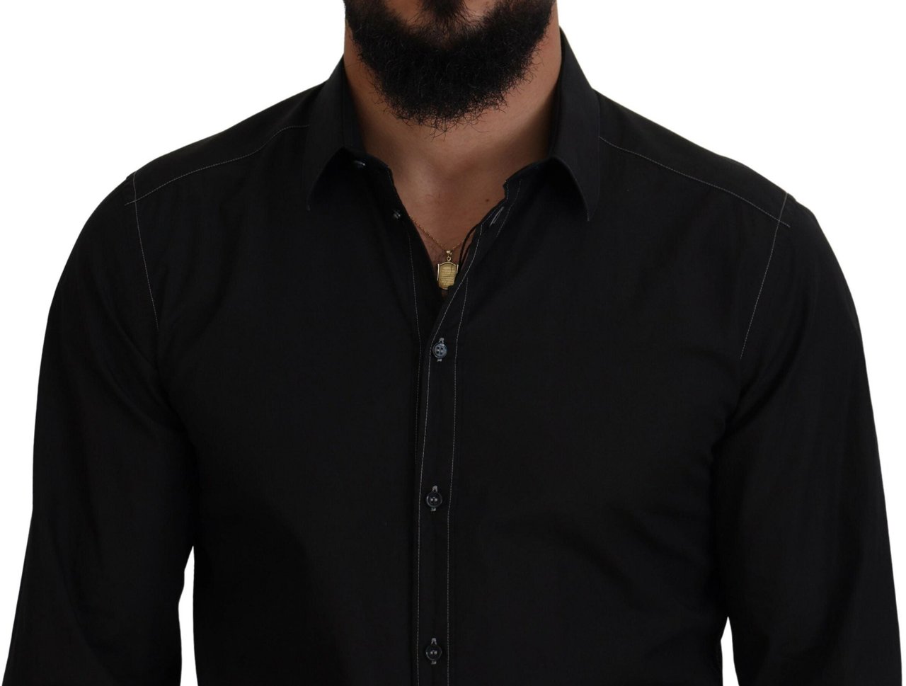 Dolce & Gabbana Black Cotton Collared Long Sleeve GOLD Shirt Zwart
