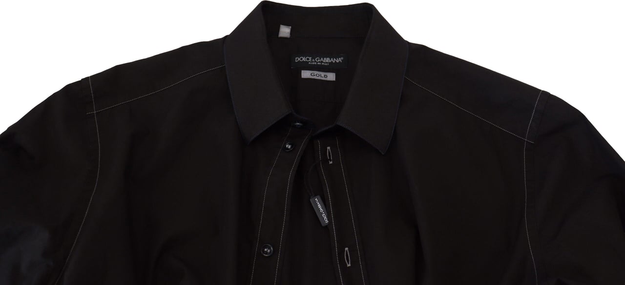 Dolce & Gabbana Black Cotton Collared Long Sleeve GOLD Shirt Zwart