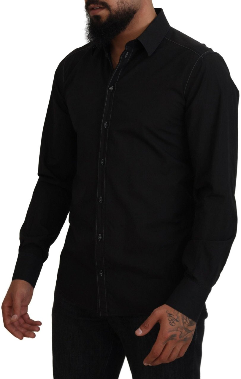 Dolce & Gabbana Black Cotton Collared Long Sleeve GOLD Shirt Zwart