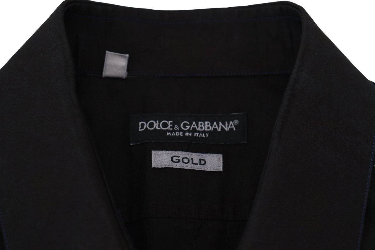 Dolce & Gabbana Black Cotton Collared Long Sleeve GOLD Shirt Zwart