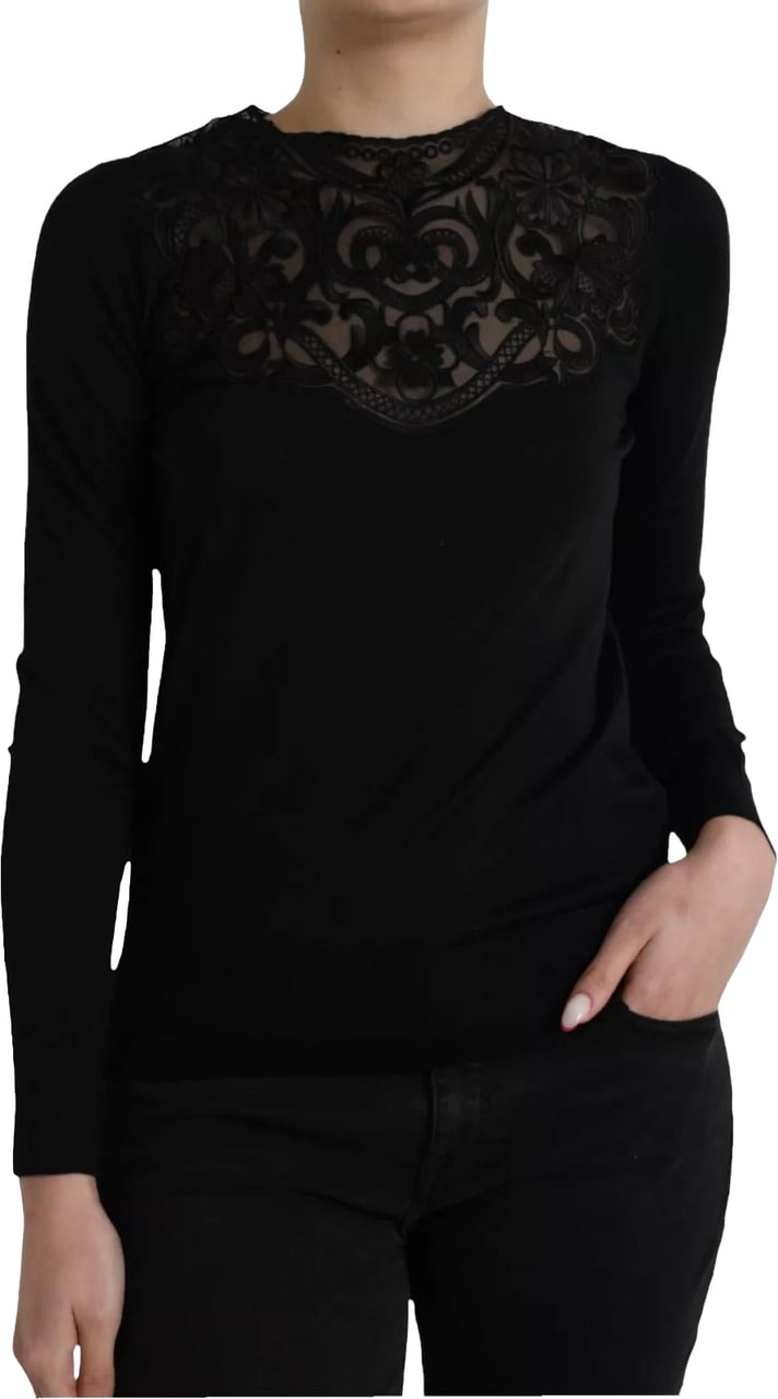 Dolce & Gabbana Black Silk Lace Trim Long Sleeves Blouse Top Zwart