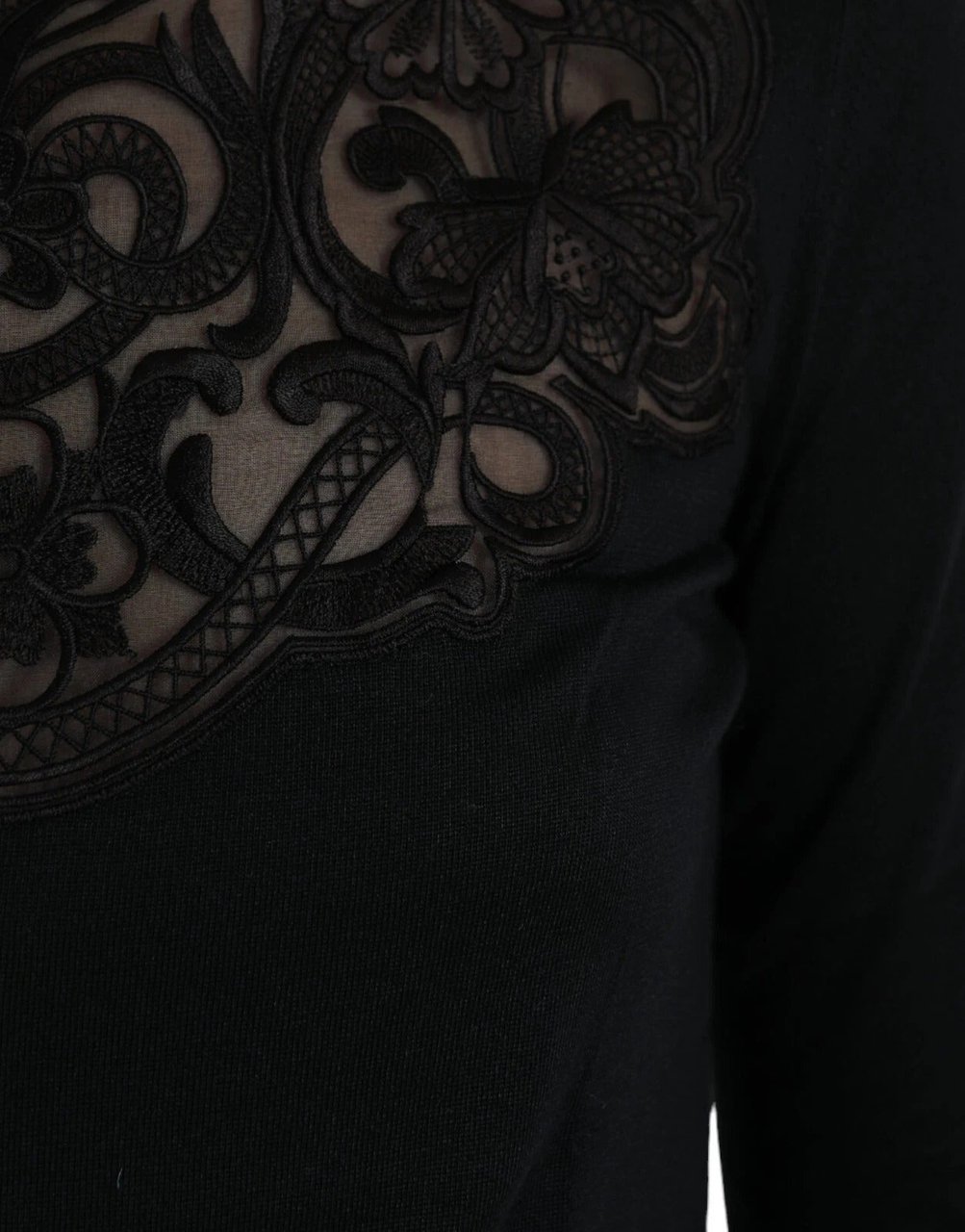 Dolce & Gabbana Black Silk Lace Trim Long Sleeves Blouse Top Zwart