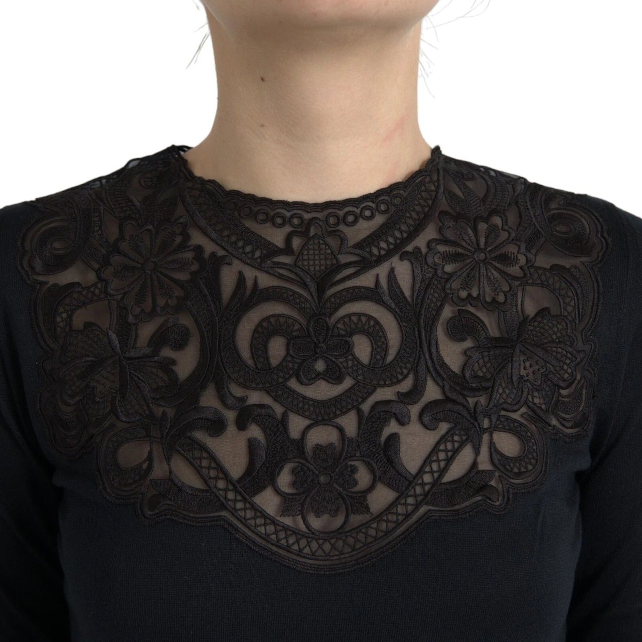 Dolce & Gabbana Black Silk Lace Trim Long Sleeves Blouse Top Zwart