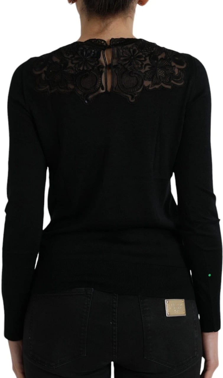 Dolce & Gabbana Black Silk Lace Trim Long Sleeves Blouse Top Zwart