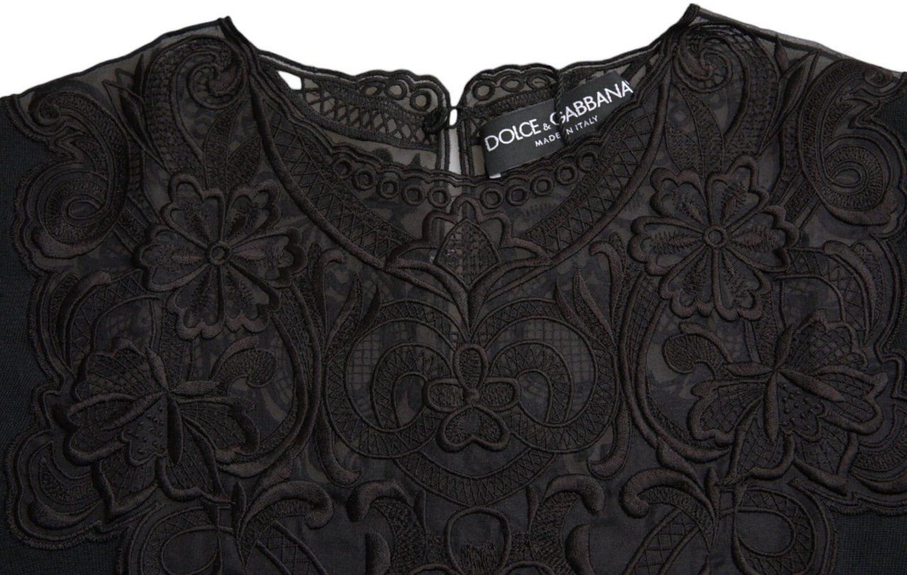 Dolce & Gabbana Black Silk Lace Trim Long Sleeves Blouse Top Zwart