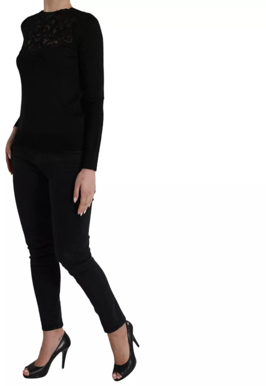 Dolce & Gabbana Black Silk Lace Trim Long Sleeves Blouse Top Zwart