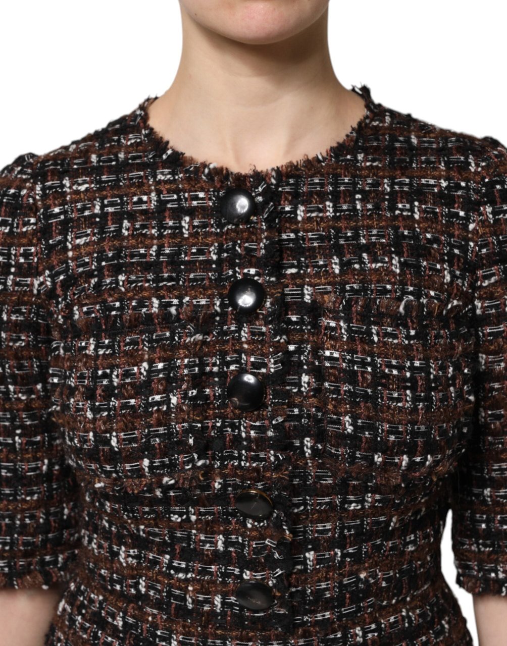 Dolce & Gabbana Brown Tweed Short Sleeves A-line Mini Dress Bruin