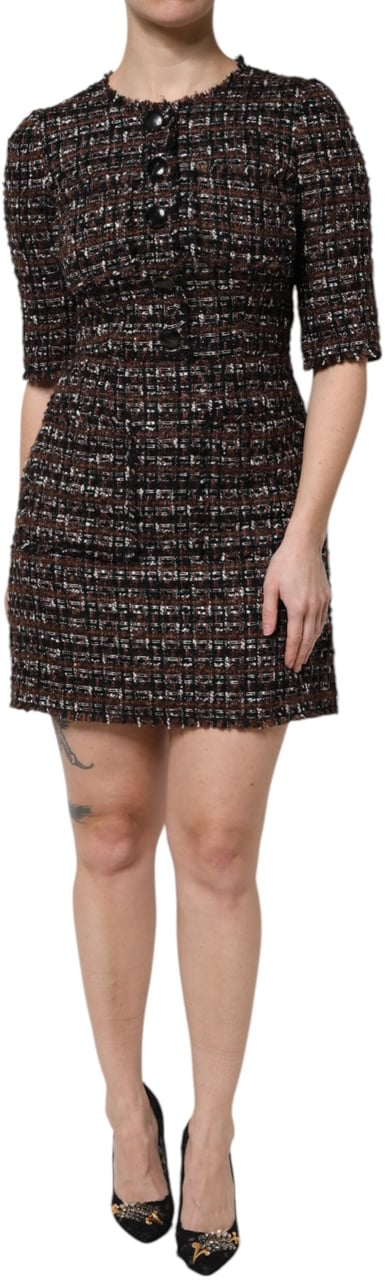 Dolce & Gabbana Brown Tweed Short Sleeves A-line Mini Dress Bruin