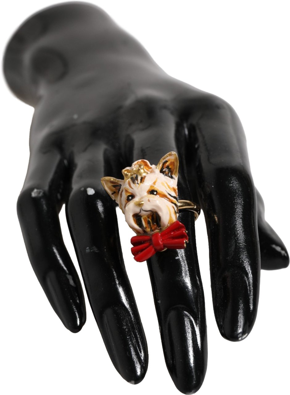 Dolce & Gabbana Gold Brass Resin Beige Dog Pet Accessory Ring Goud